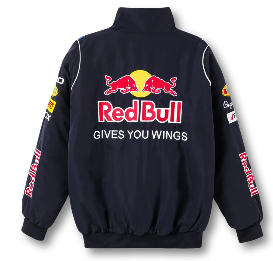 Navy blue jacket with Red Bull logo and text on a white background